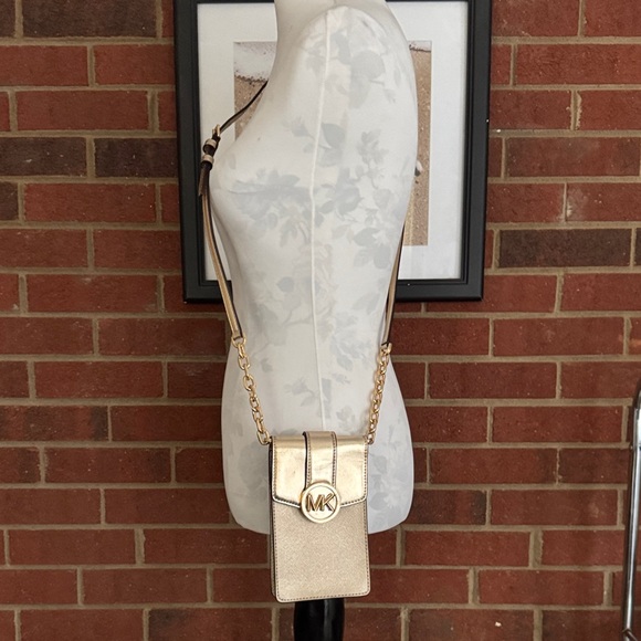 Michael Kors Carmen Logo Smartphone Gold Tone Crossbody Bag - Picture 2 of 7